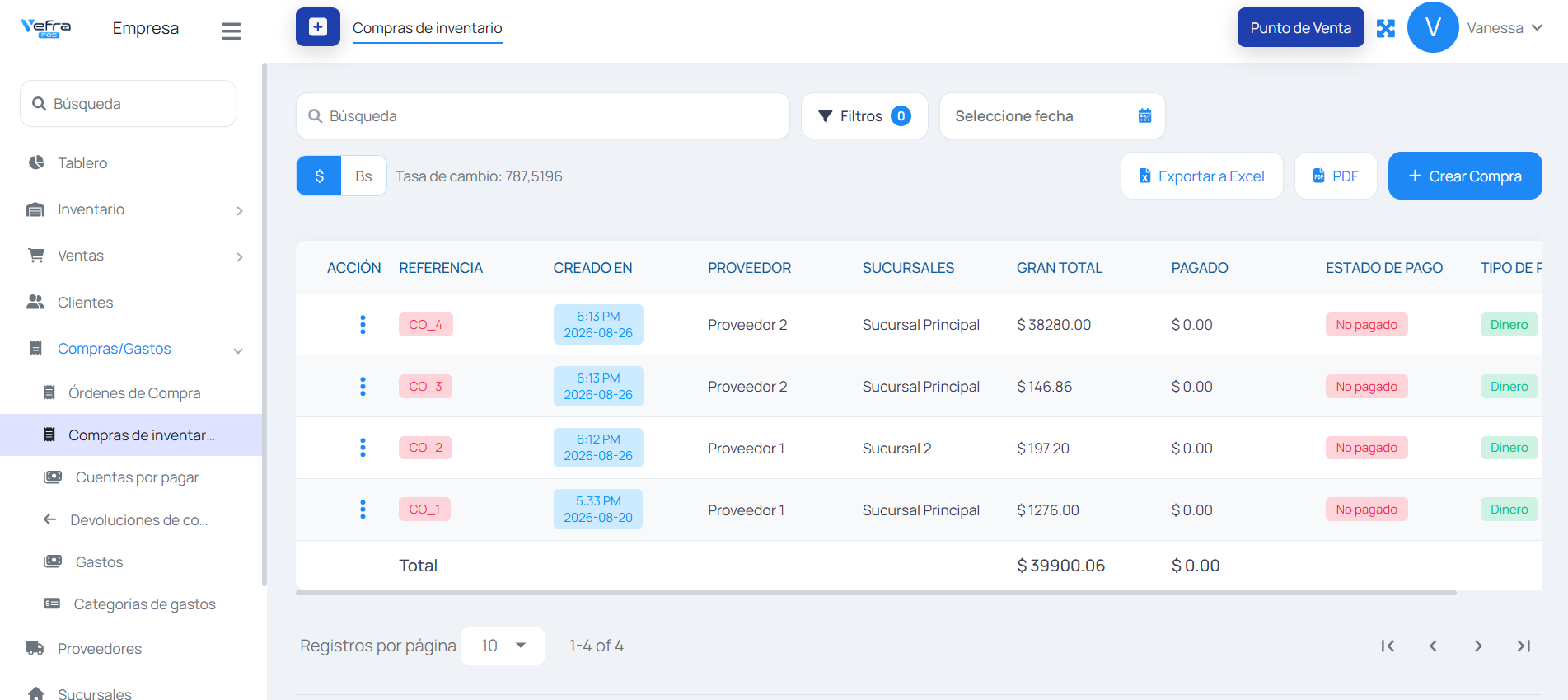 Compras y gastos de Vefra POS