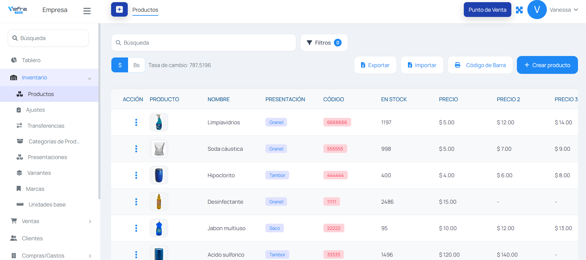 Inventario y catálogo de Vefra POS